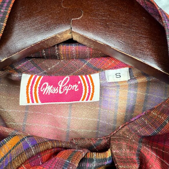 Vintage Blouse 70s Miss Capri Check Plaid Secretary Bow Blouse | Small - Picture 11 of 13